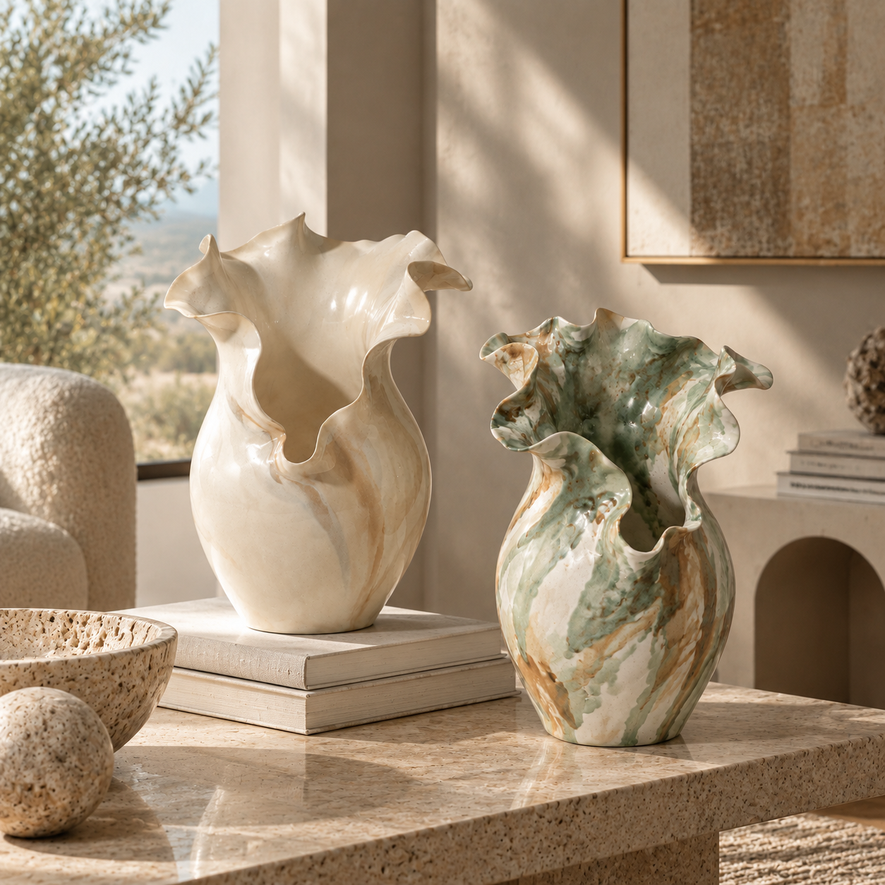 2 PIECE HANDMADE CERAMIC VASE SET