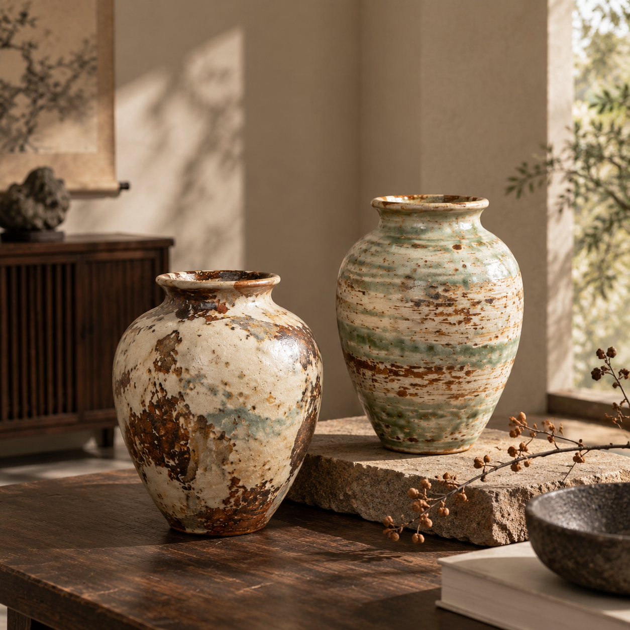 VINTAGE CERAMIC VASE 2-PIECE SET